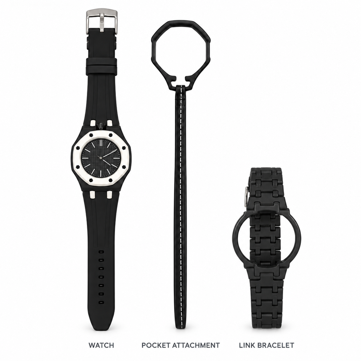 Vibe Domino Plus set: one watch, pocket attachment and matching link bracelet, arranged upright on white without packaging or adjustment tool