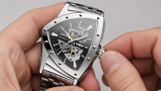 Hands gently winding the crown of a KINETIC Precision mechanical watch