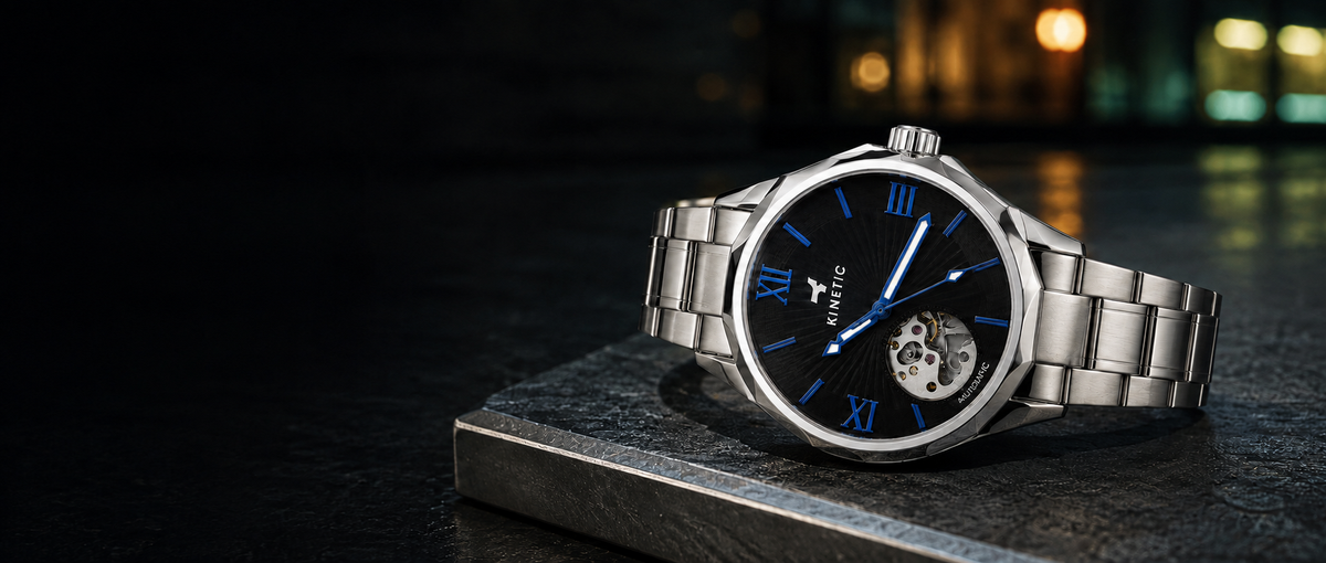 KINETIC Oceana automatic watch on Melbourne bluestone at night