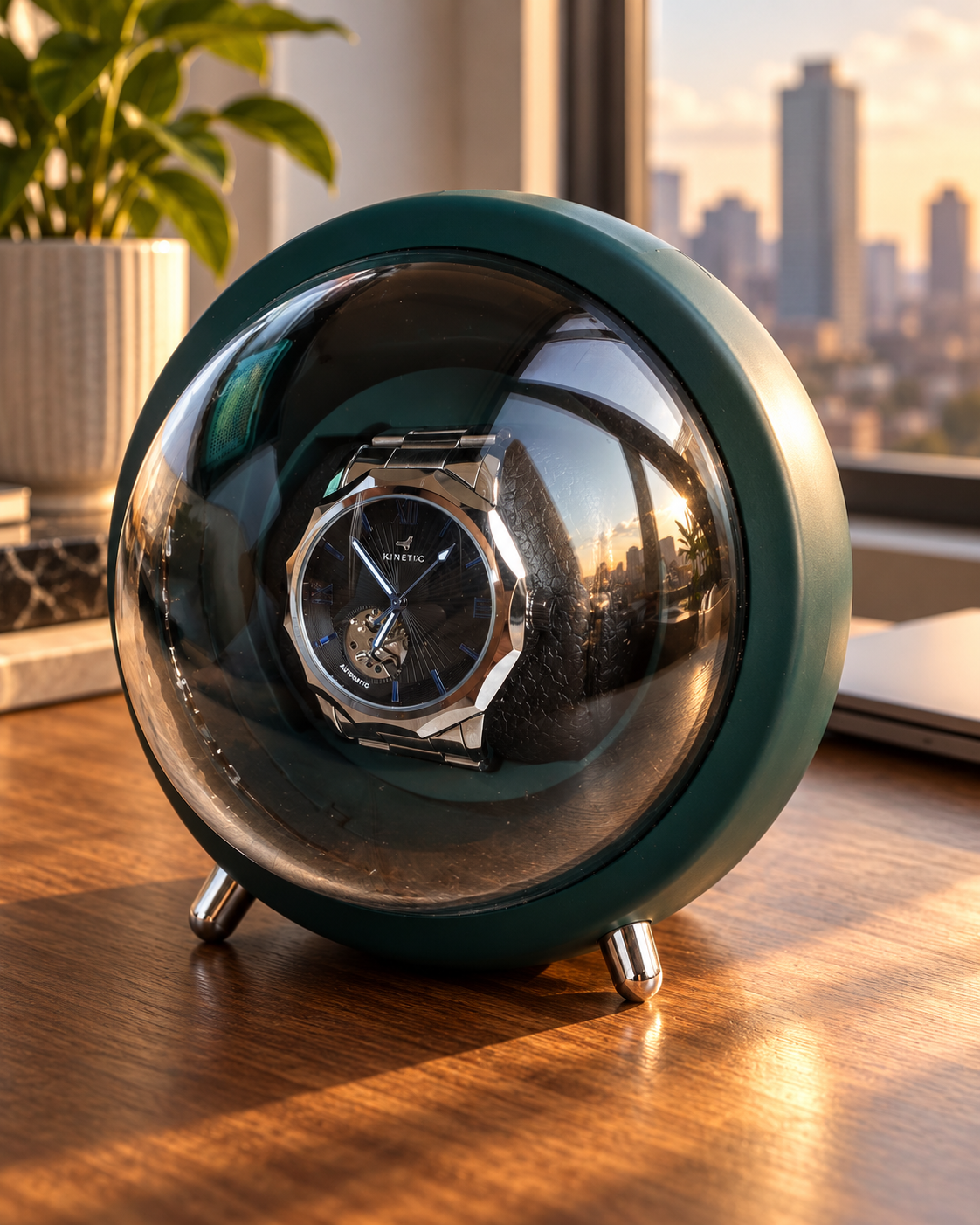KINETIC Orbit Green watch winder and display; watch not included