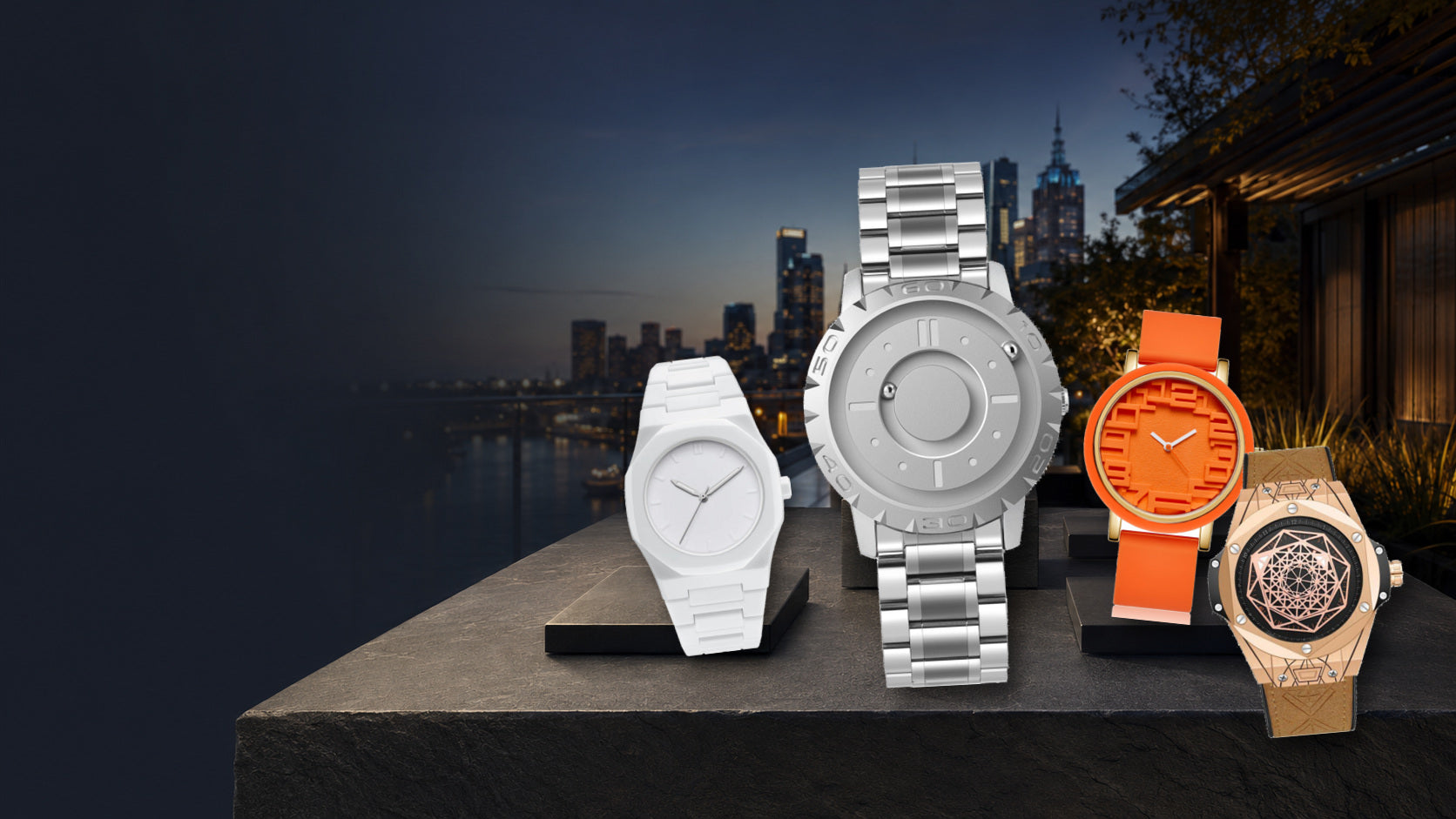 KINETIC bestselling Enigma, Lumo, Artesian and Canvas watches overlooking Melbourne at blue hour