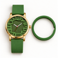Green KINETIC Lumo watch with the outer ring removed, showing its gold-tone case and the green ring beside it