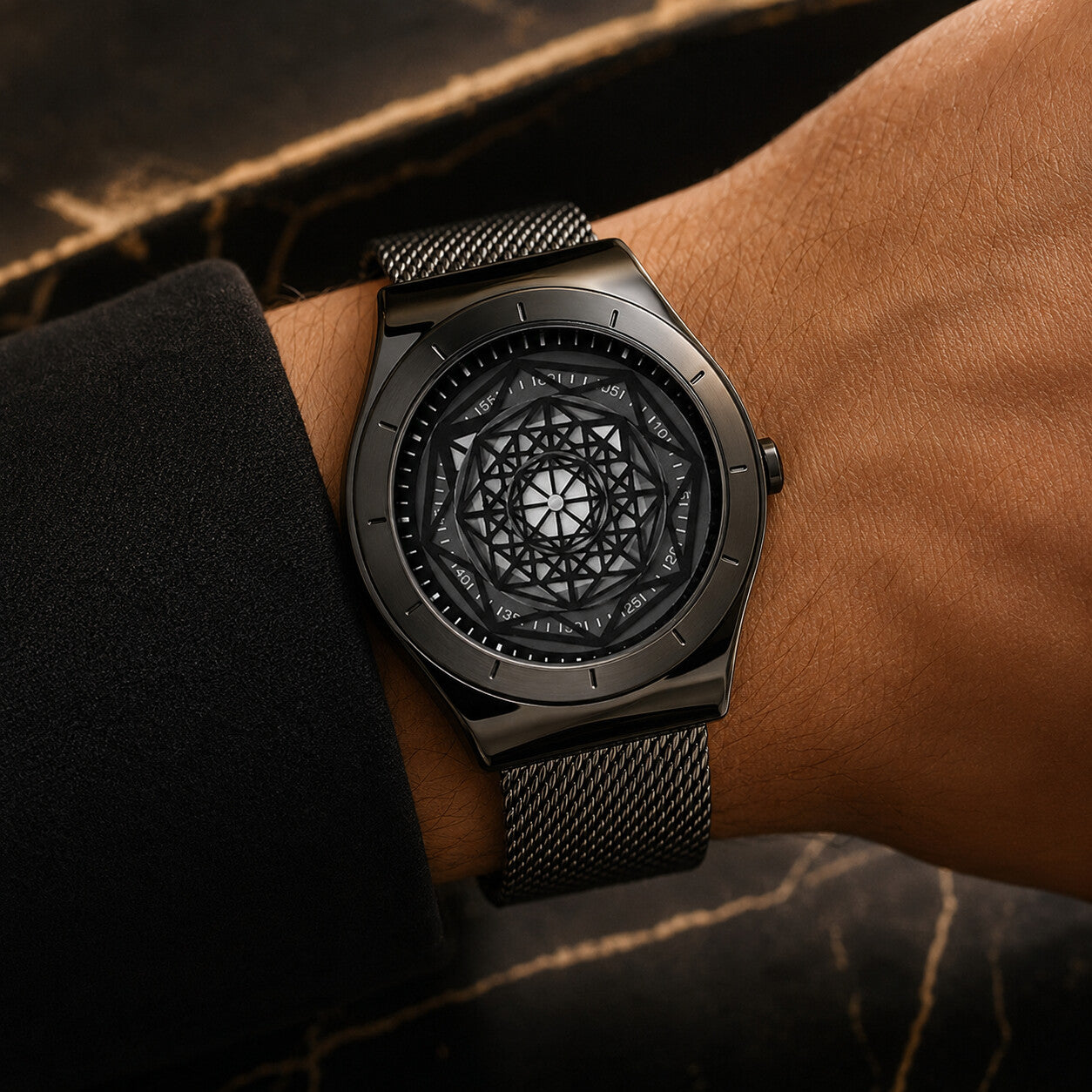 Black Kinetic Noir watch worn on wrist in warm evening light