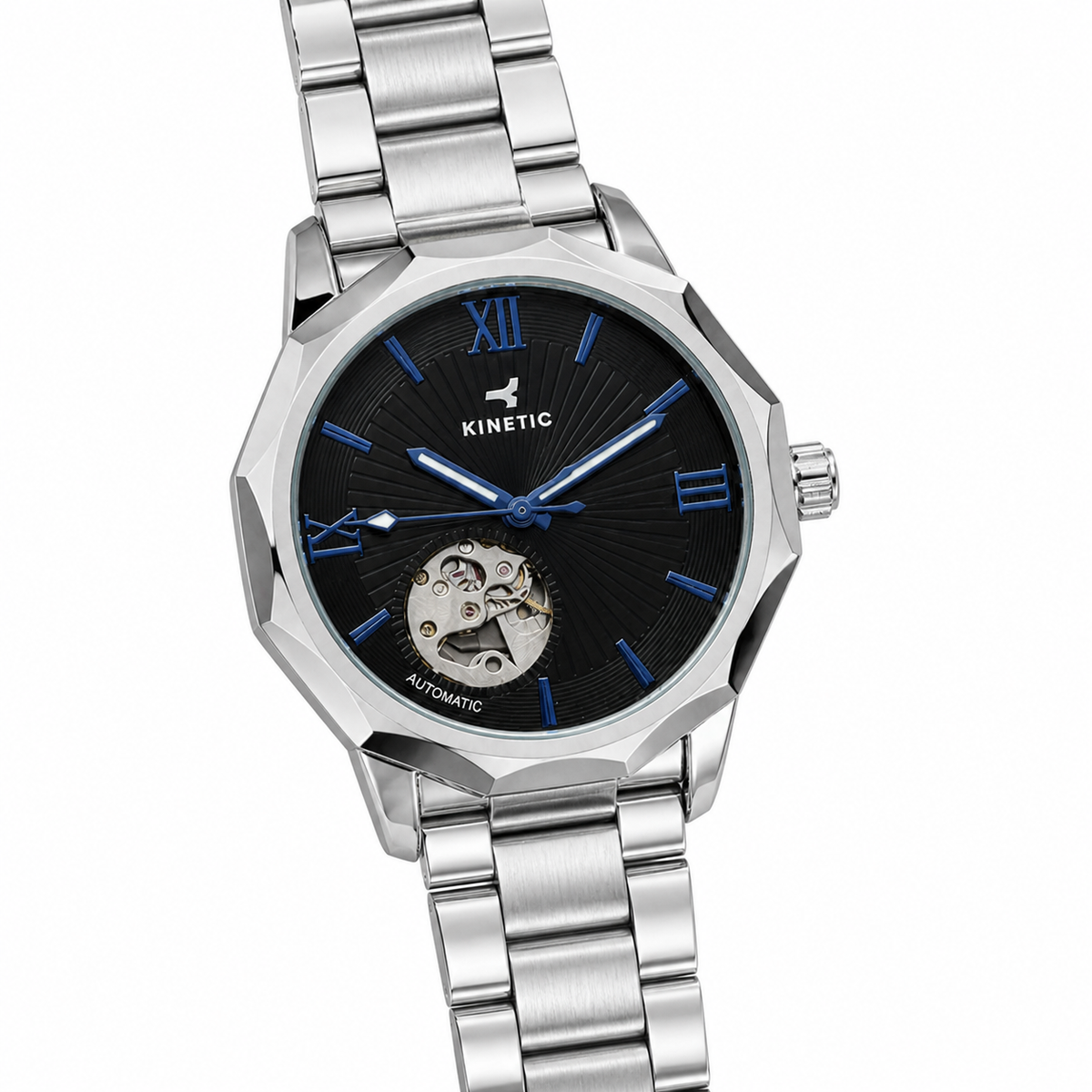 KINETIC Oceana black-dial stainless-steel automatic watch close alternate view on white