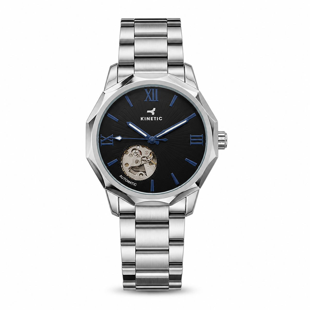 KINETIC Oceana black-dial stainless-steel automatic watch front view on white