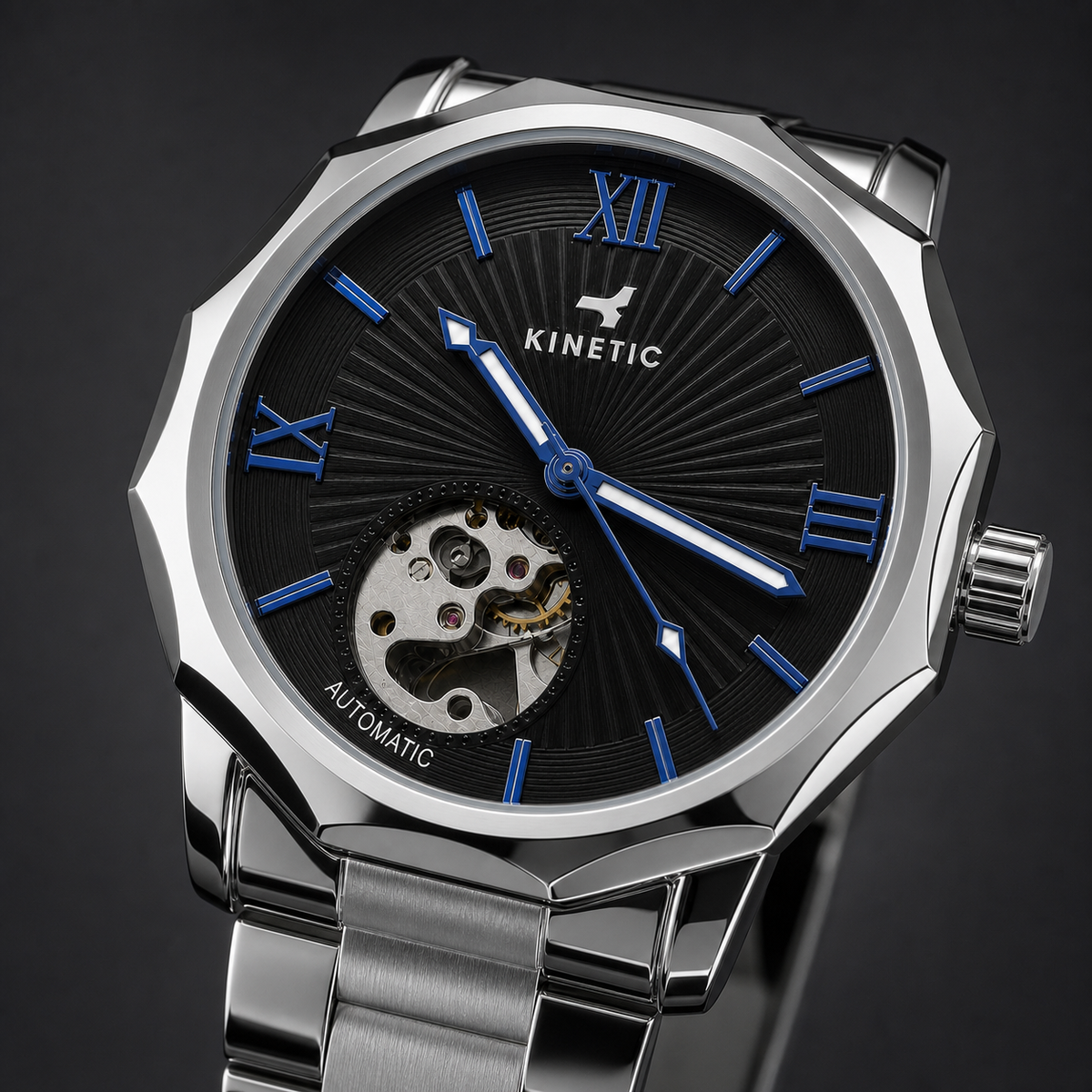 KINETIC Oceana black radial dial, KINETIC logo and open-heart movement detail