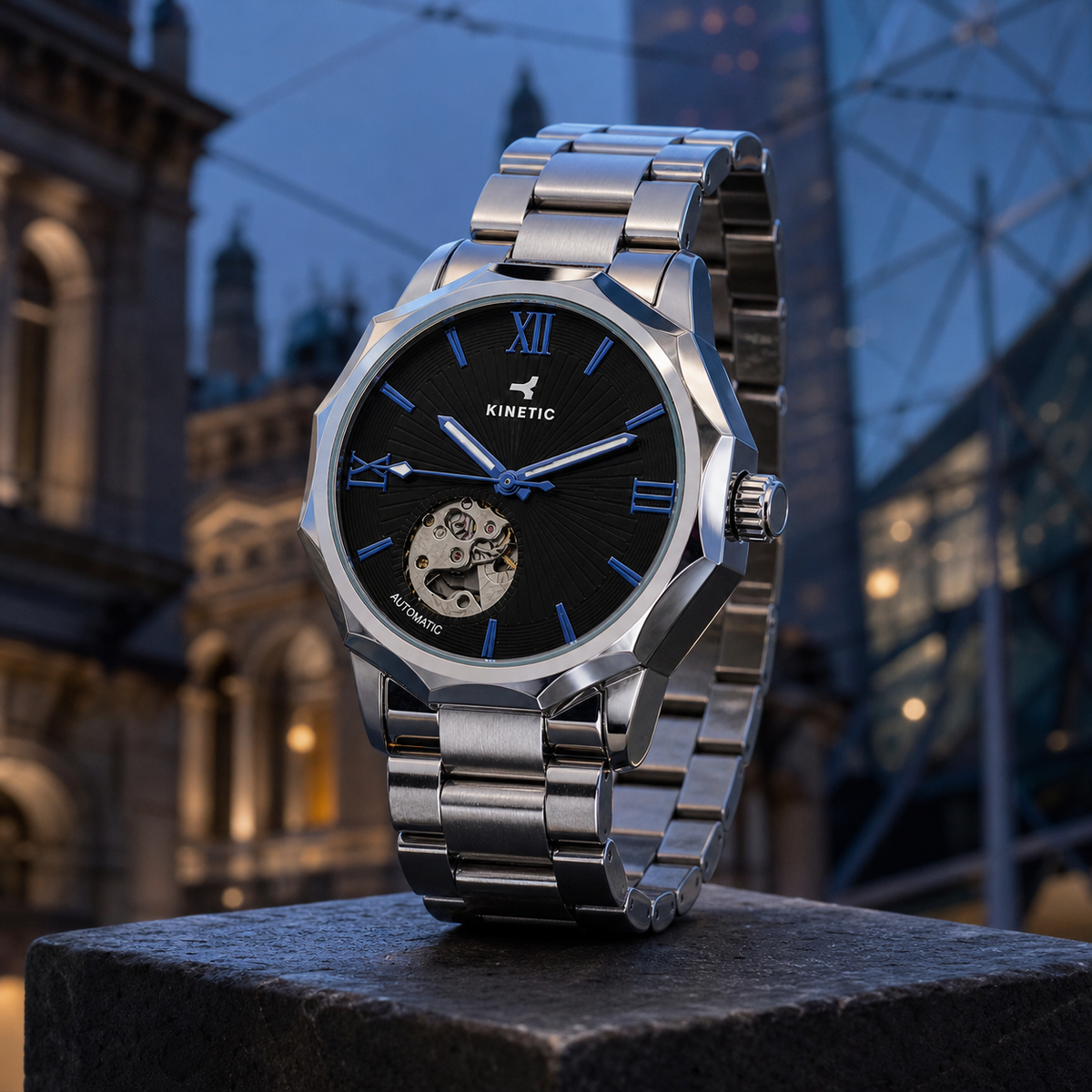 KINETIC Oceana black-dial stainless-steel watch in a Melbourne architectural blue-hour still