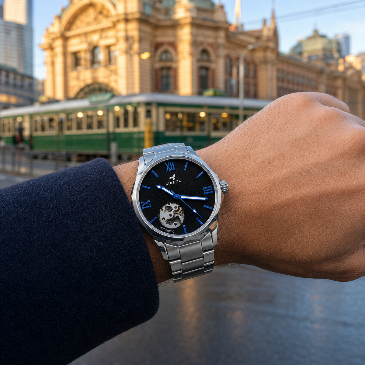 KINETIC Oceana watch worn near Flinders Street Station and a Melbourne tram