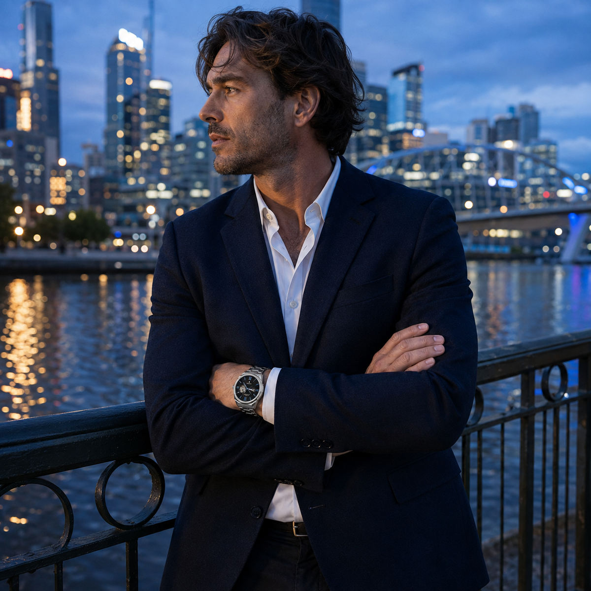 Man wearing the KINETIC Oceana watch beside the Yarra at Melbourne Southbank