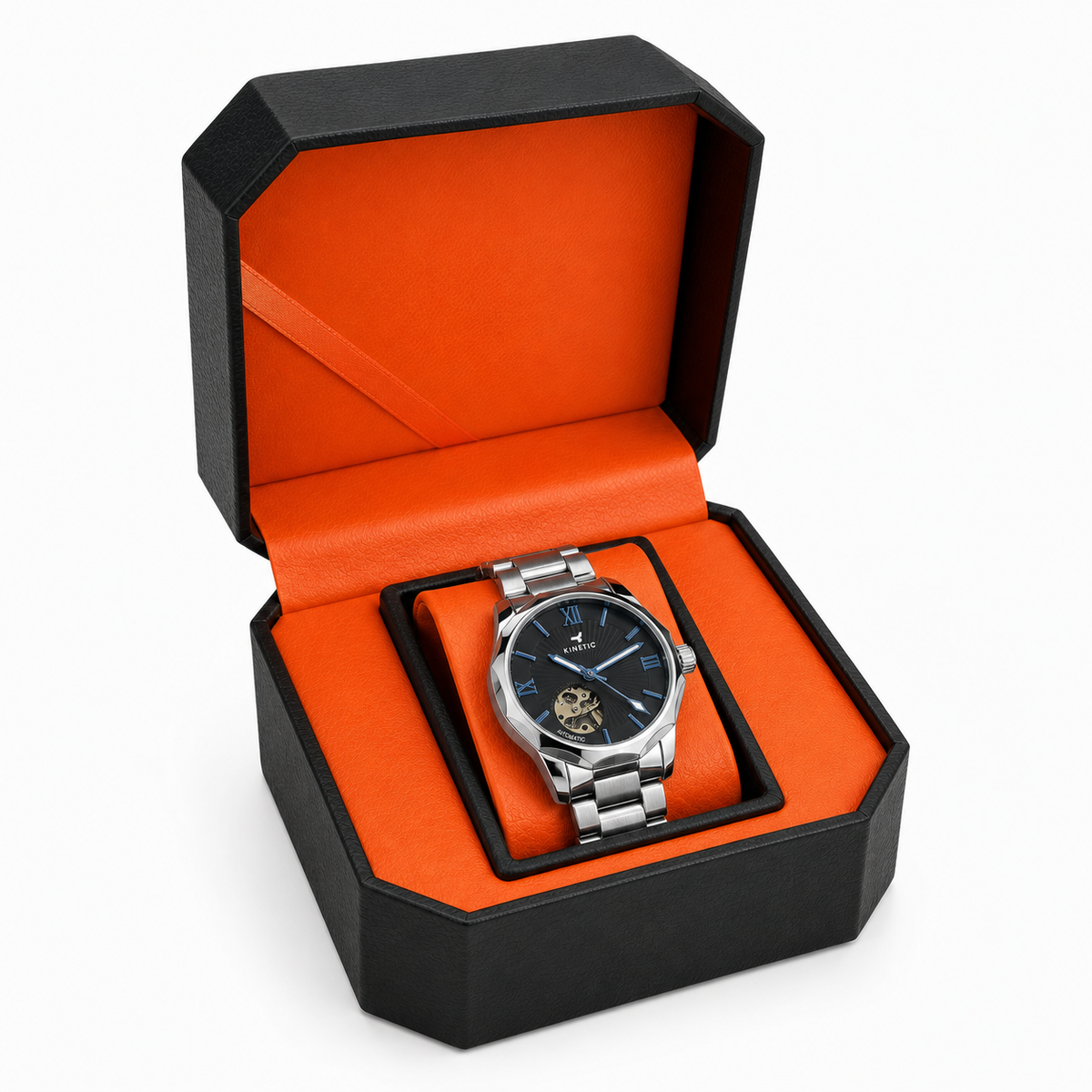 KINETIC Oceana stainless-steel watch in its black-and-orange presentation box