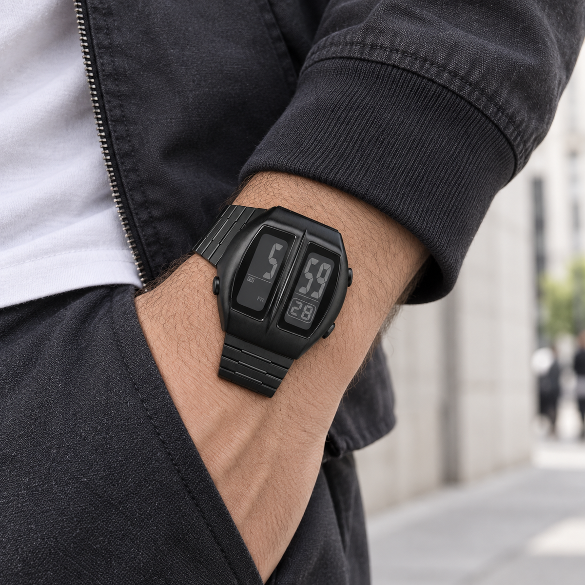 KINETIC Retro in Black worn with a charcoal jacket in the city