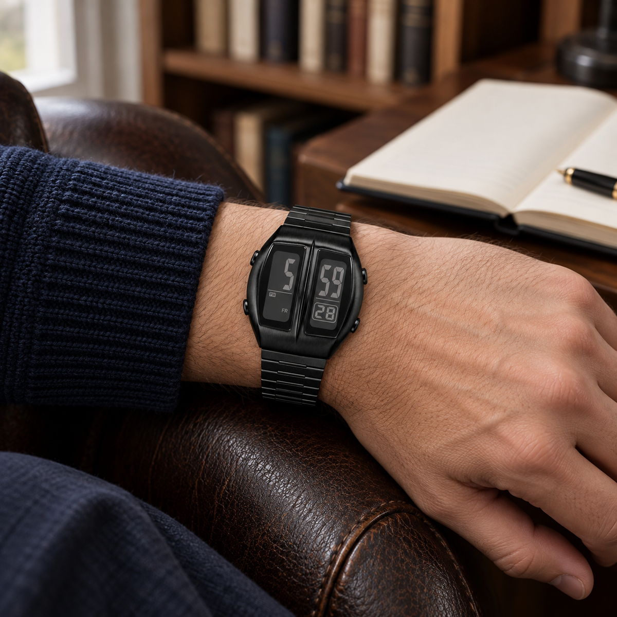 KINETIC Retro in Black worn with a navy knit sleeve beside a leather chair