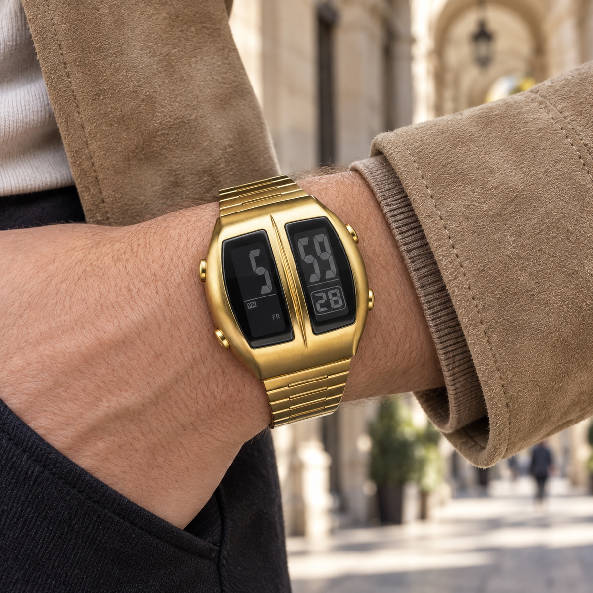 KINETIC Retro in Gold worn with a tan jacket in a stone arcade
