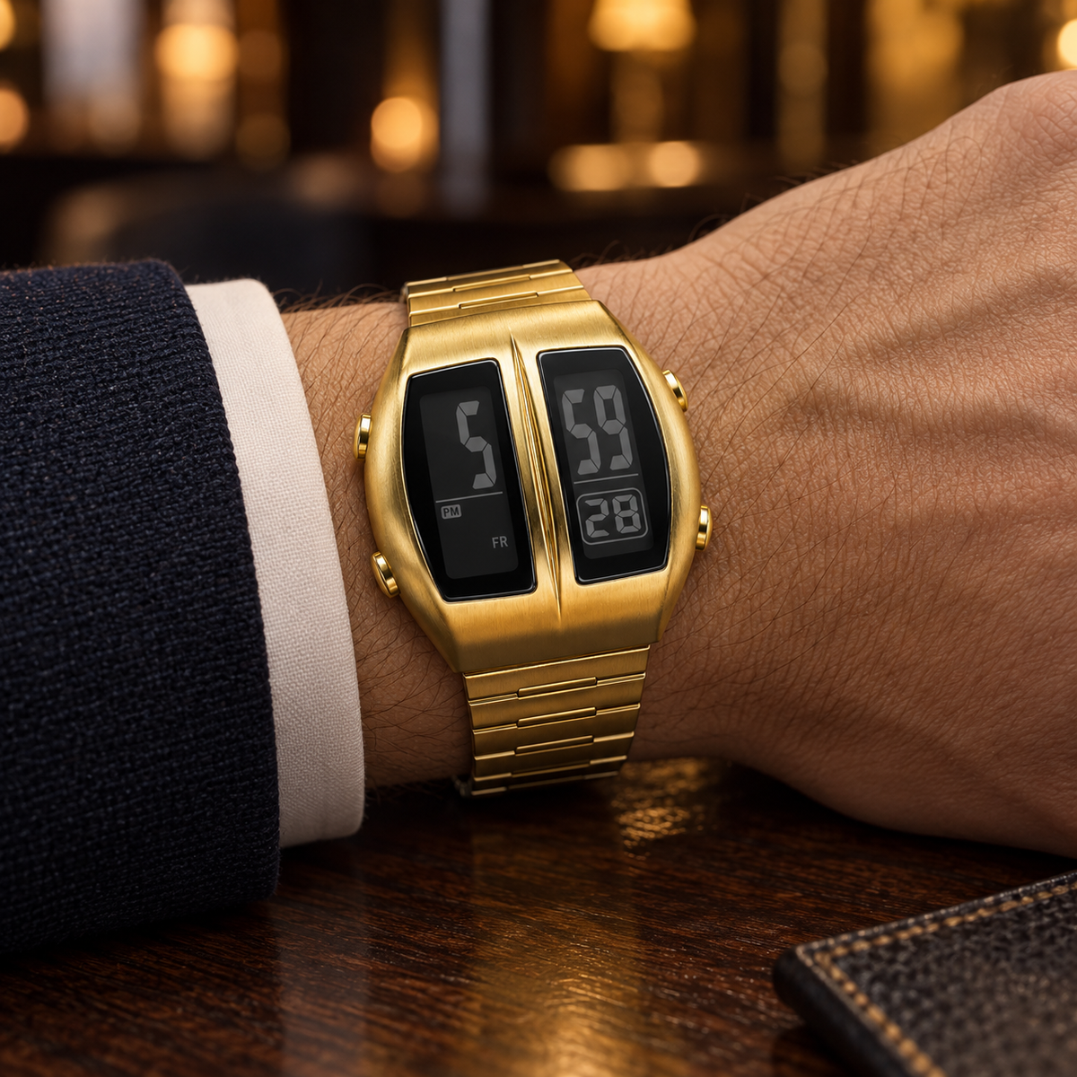KINETIC Retro in Gold worn with a navy jacket in an evening setting
