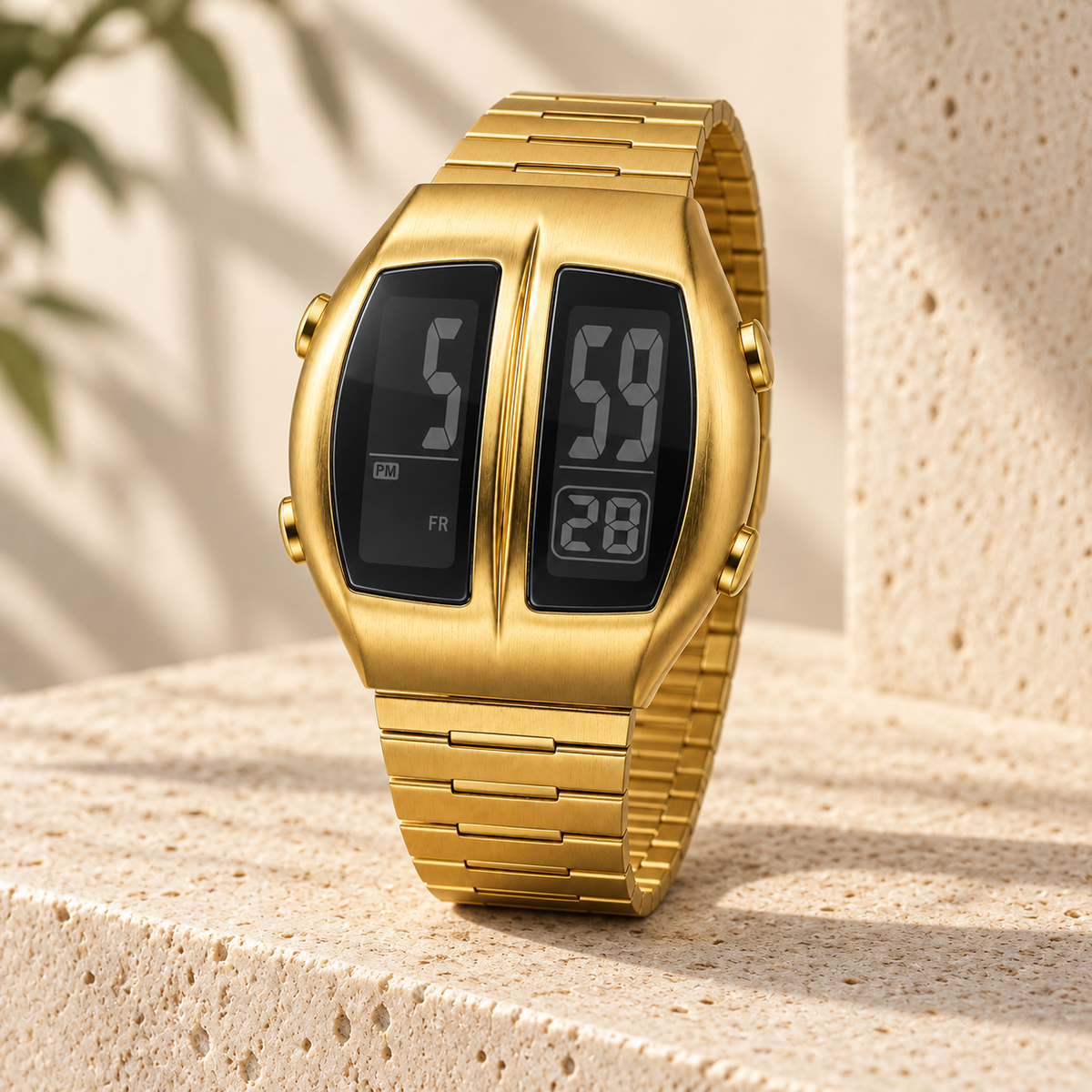 KINETIC Retro in Gold on a travertine ledge in soft daylight