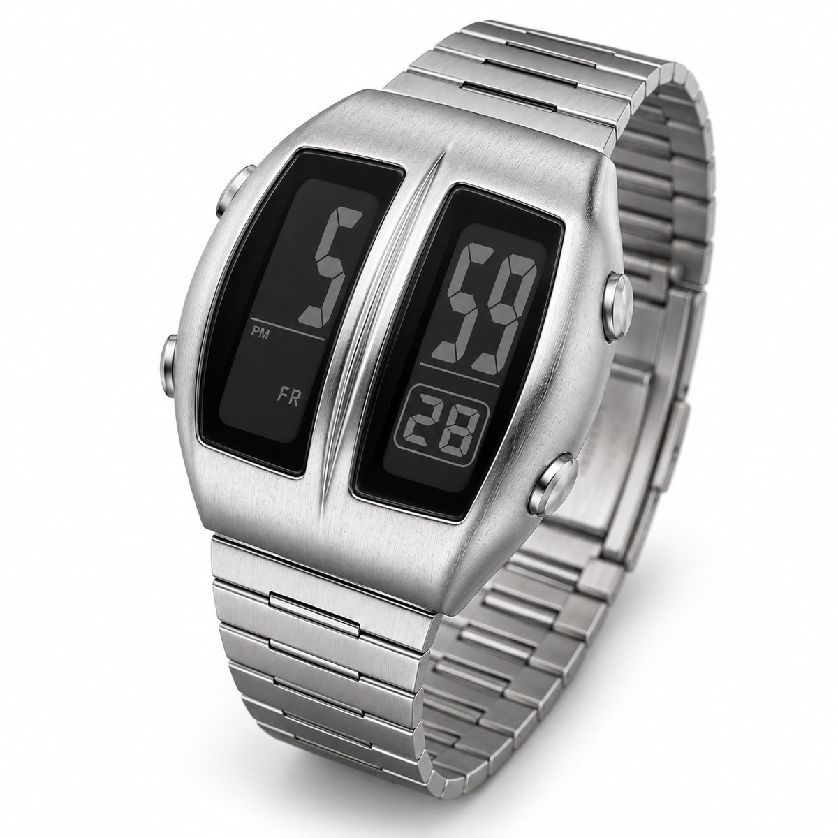 KINETIC Retro in Silver, angled studio view of the split display and bracelet