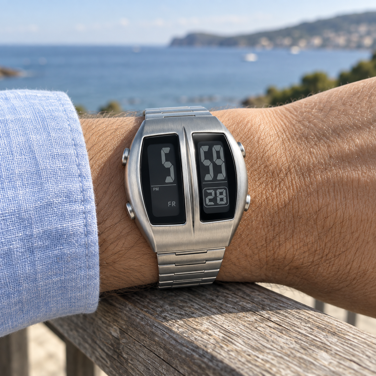 KINETIC Retro in Silver worn with a linen shirt on a coastal terrace