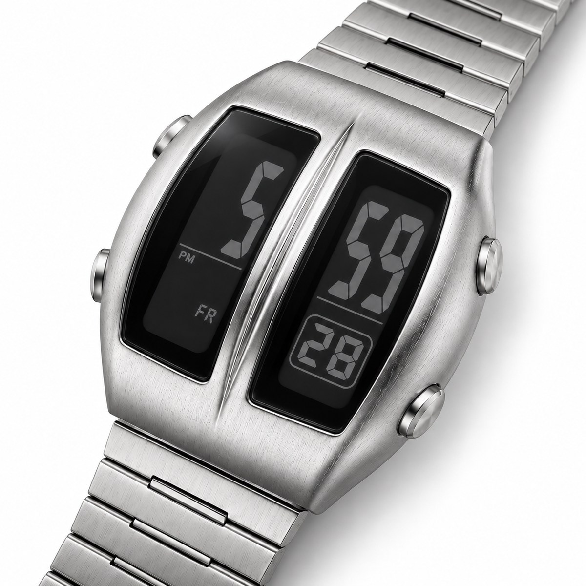 KINETIC Retro Silver digital watch in a close diagonal three-quarter view on white