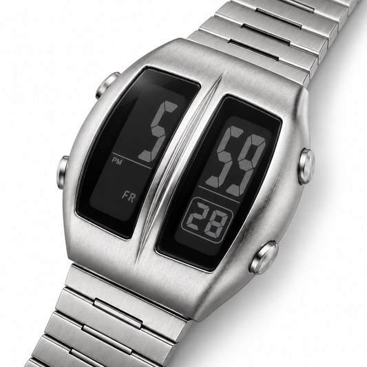 KINETIC Retro Silver digital watch in a close diagonal three-quarter view on white