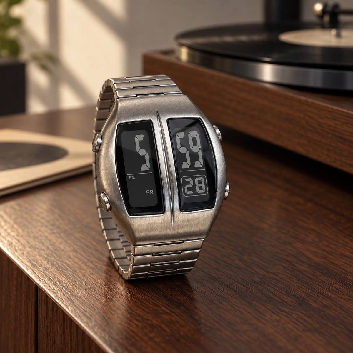 KINETIC Retro in Silver on a walnut sideboard beside a record player
