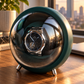 Orbit Green holding an automatic watch on a walnut desk