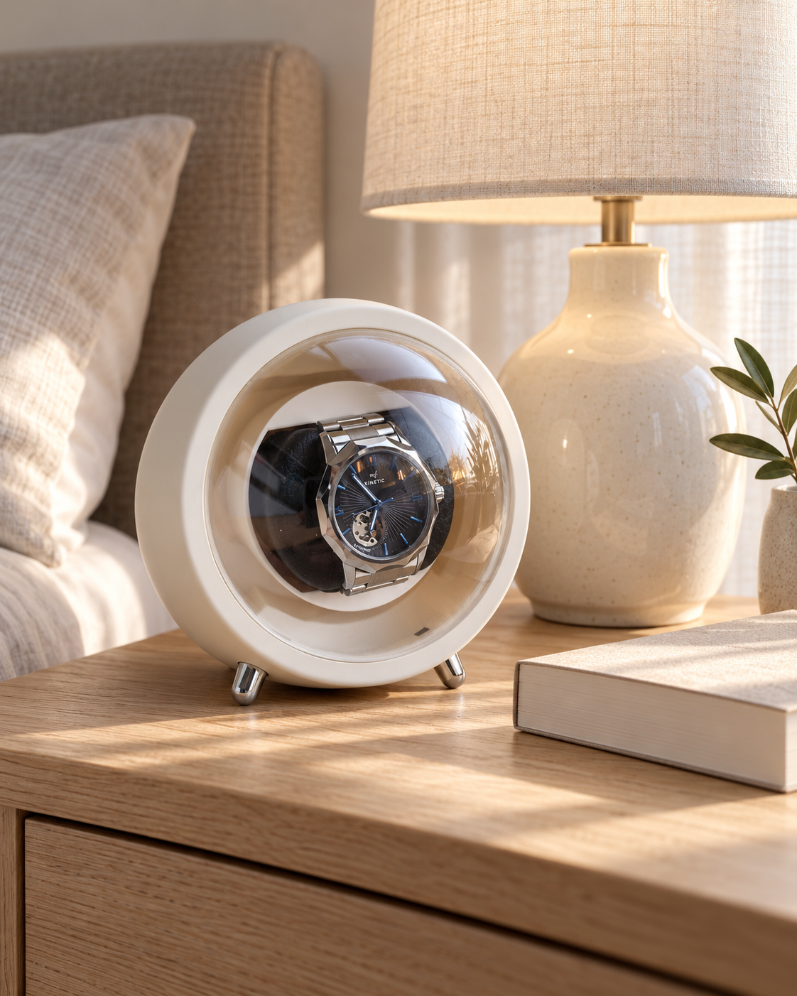 Orbit White displaying an automatic watch on a bedside table