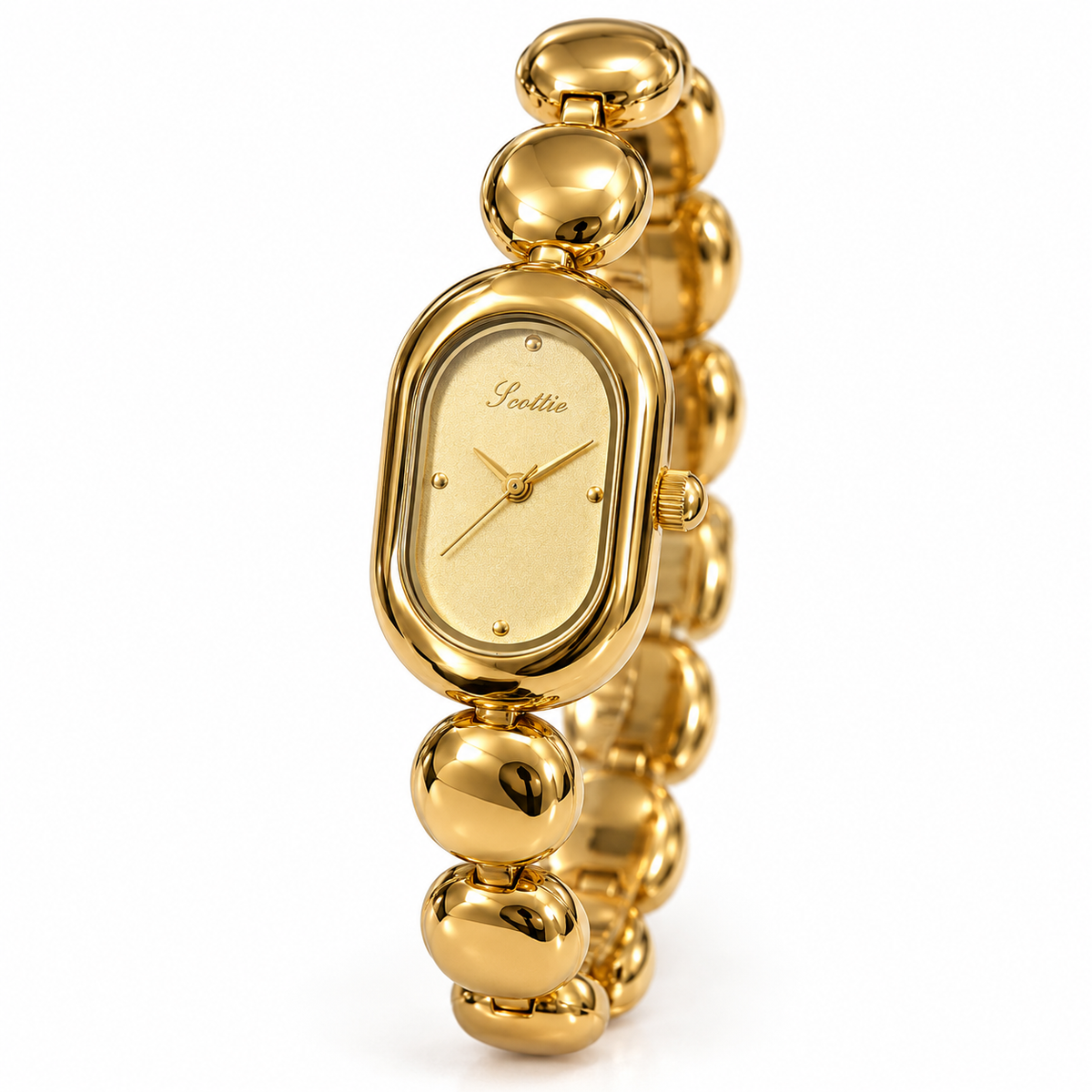 Scottie Champagne watch with gold-tone links and a gold dial on white