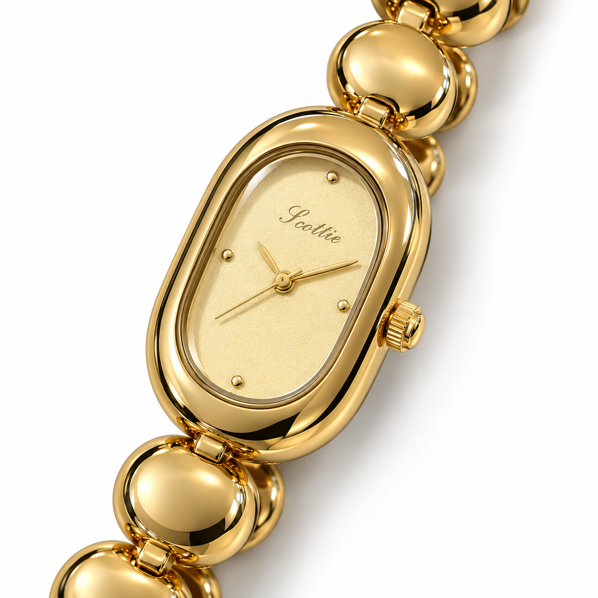 Scottie Champagne watch, close diagonal gold-tone dial view on white
