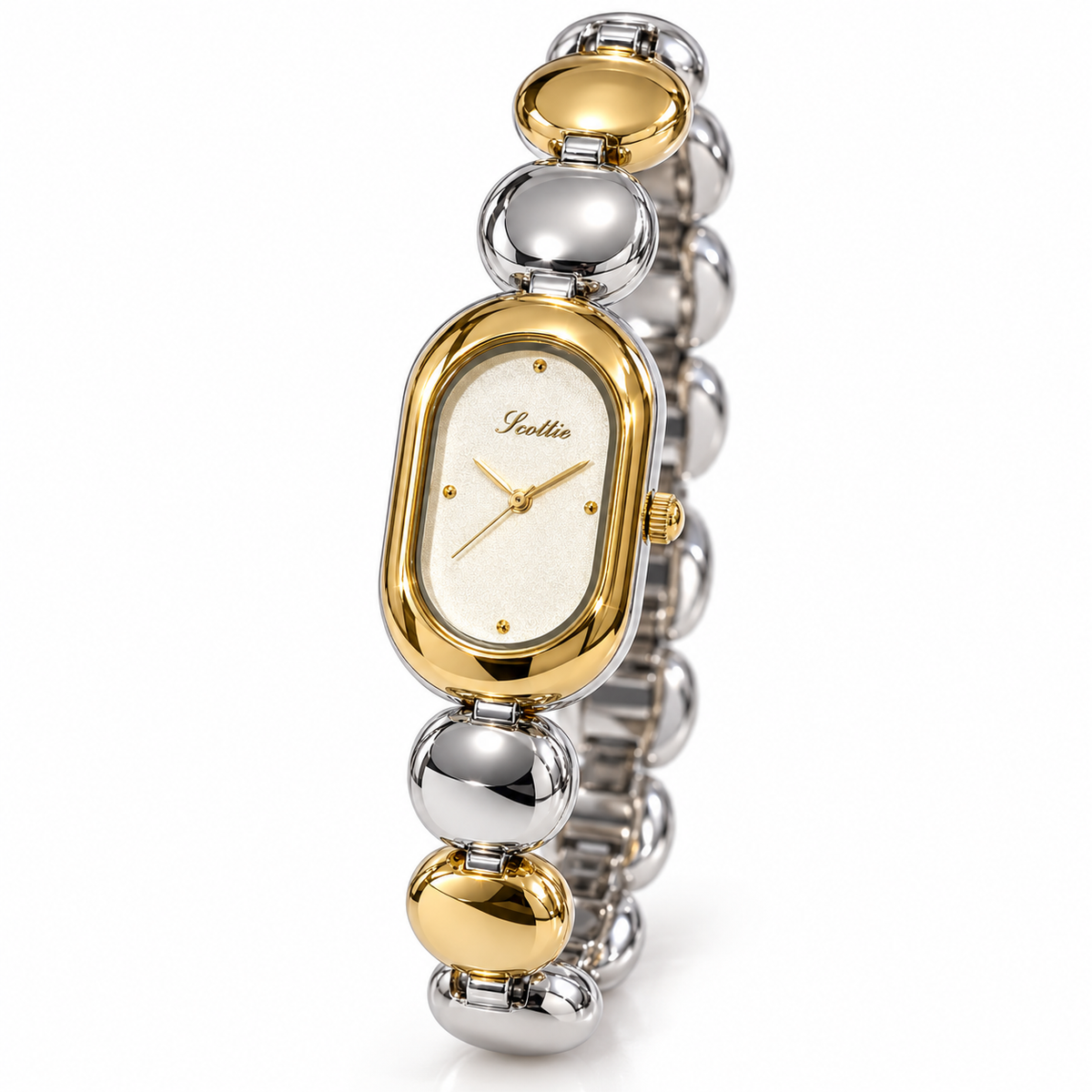 Scottie Duet watch with mixed silver and gold-tone links on white