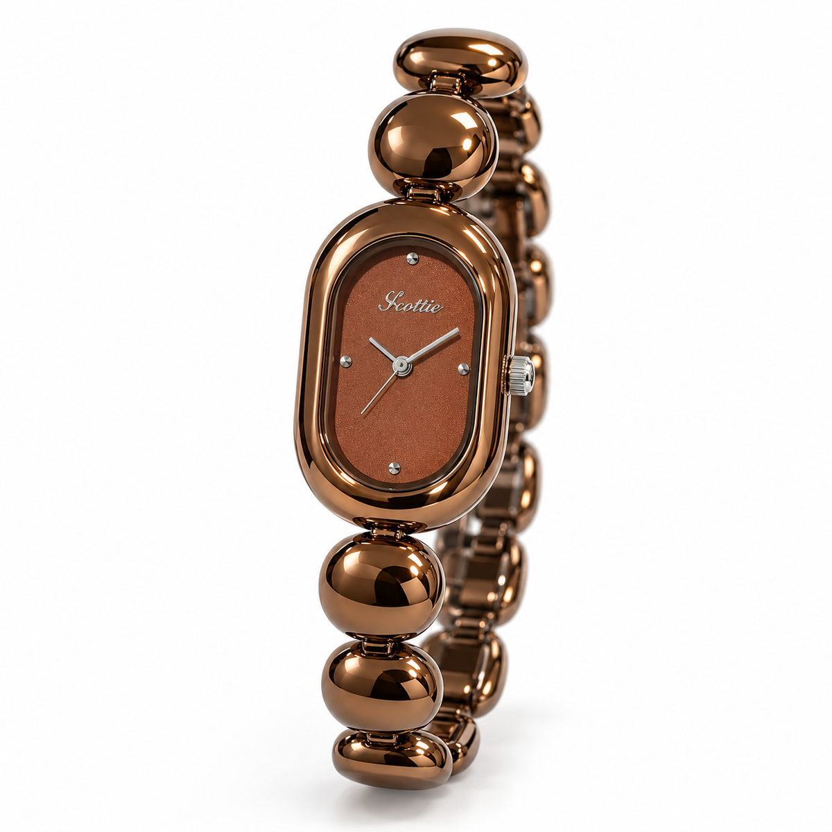 Scottie Espresso watch with a brown dial and sculpted bracelet on white