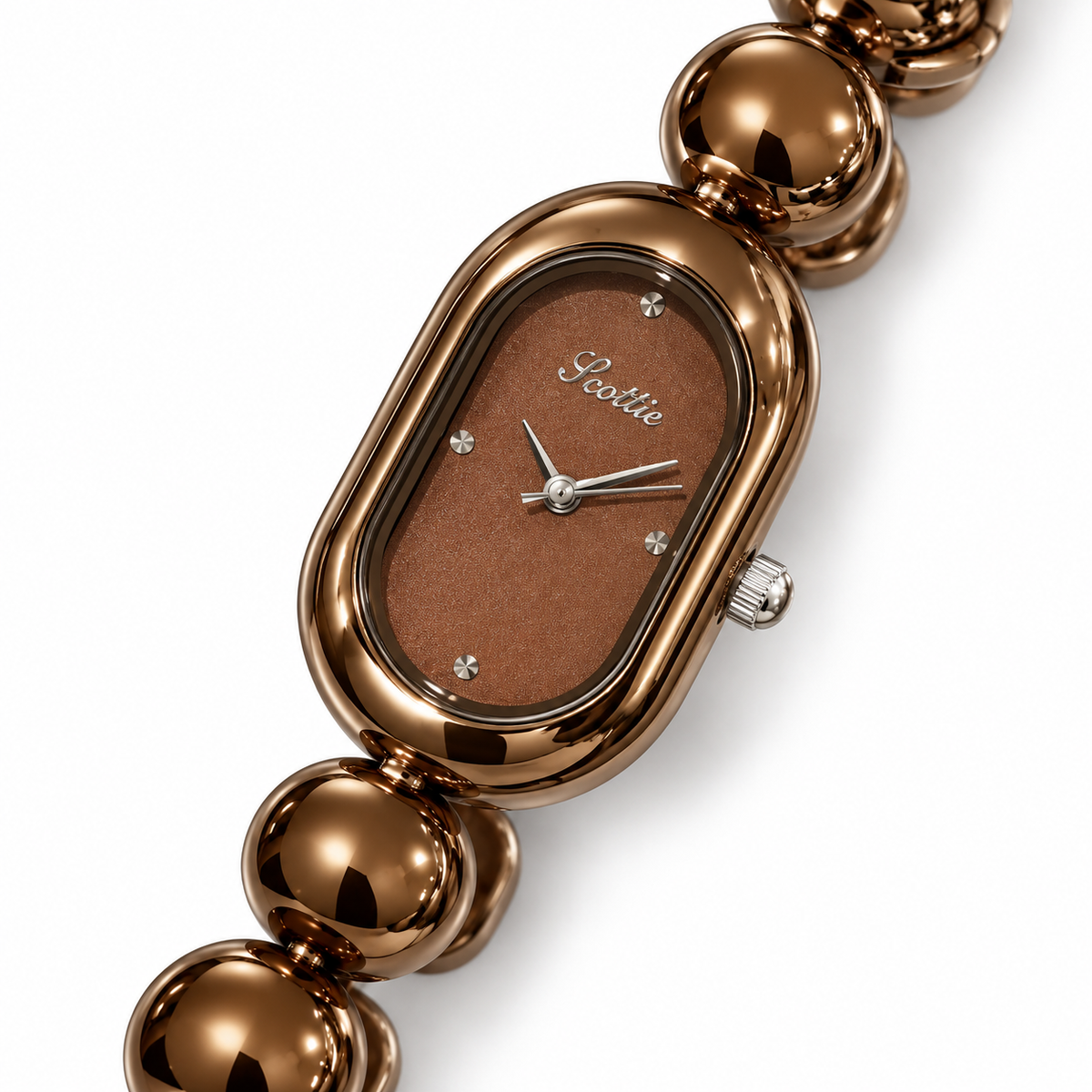 Scottie Espresso watch, close diagonal dial view on white