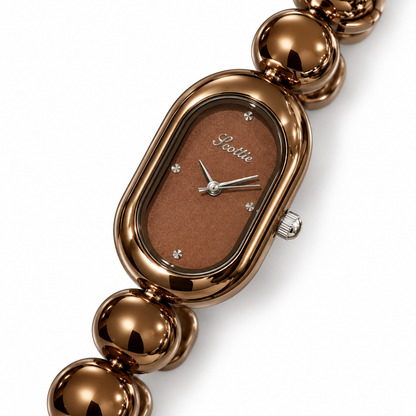 Scottie Espresso watch, close diagonal dial view on white