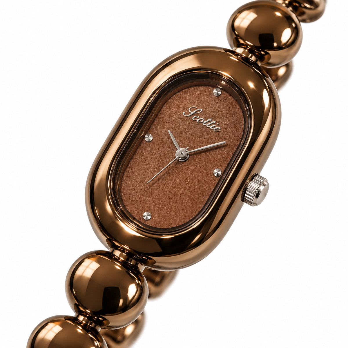 Scottie Espresso watch, close three-quarter case and crown view on white
