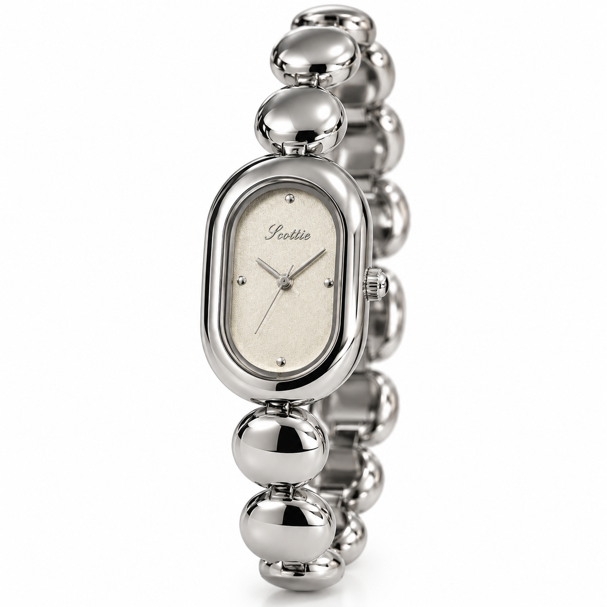 Scottie Mist watch with silver-tone links and a light dial on white