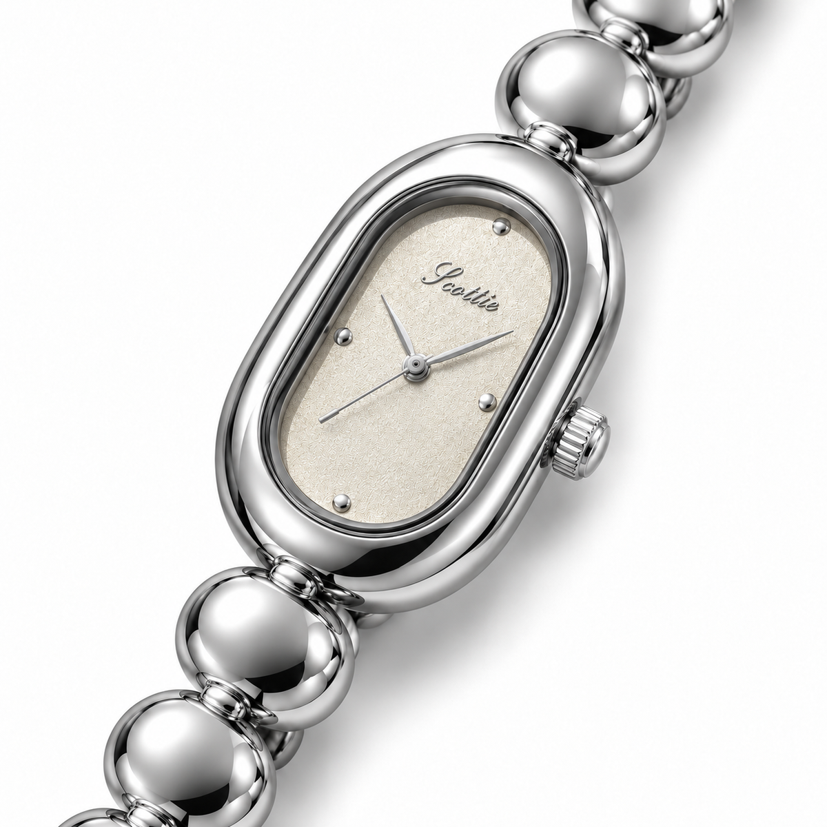 Scottie Mist watch, close diagonal silver-tone dial view on white