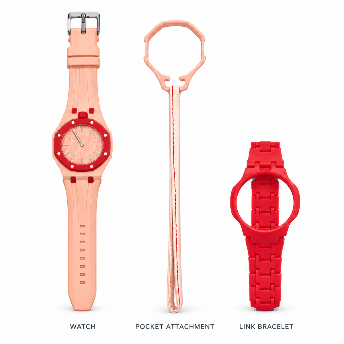 Vibe Blush Plus set: one watch, pocket attachment and matching link bracelet, arranged upright on white without packaging or adjustment tool