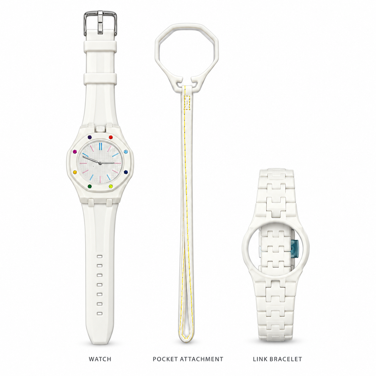 Vibe Cloud Plus set: one watch, pocket attachment and matching link bracelet, arranged upright on white without packaging or adjustment tool