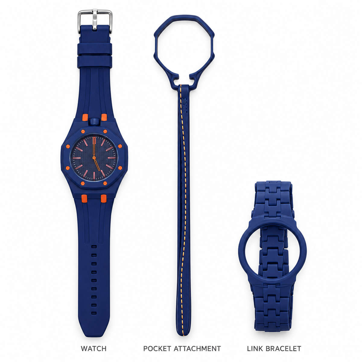 Vibe Dusk Plus set: one watch, pocket attachment and matching link bracelet, arranged upright on white without packaging or adjustment tool