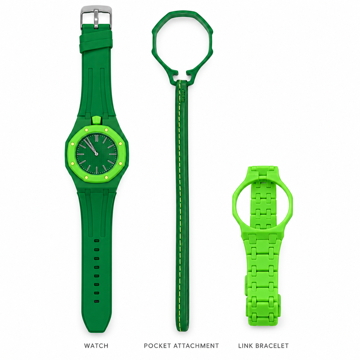 Vibe Grove Plus set: one watch, pocket attachment and matching link bracelet, arranged upright on white without packaging or adjustment tool