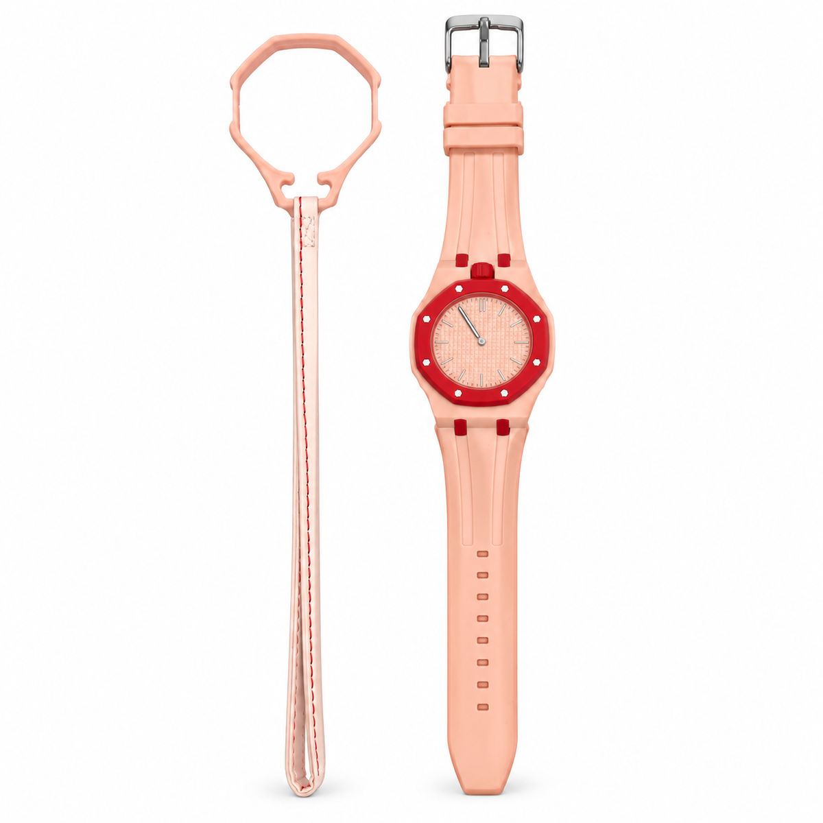 Vibe Blush watch on fitted strap with its matching empty loop holder on white