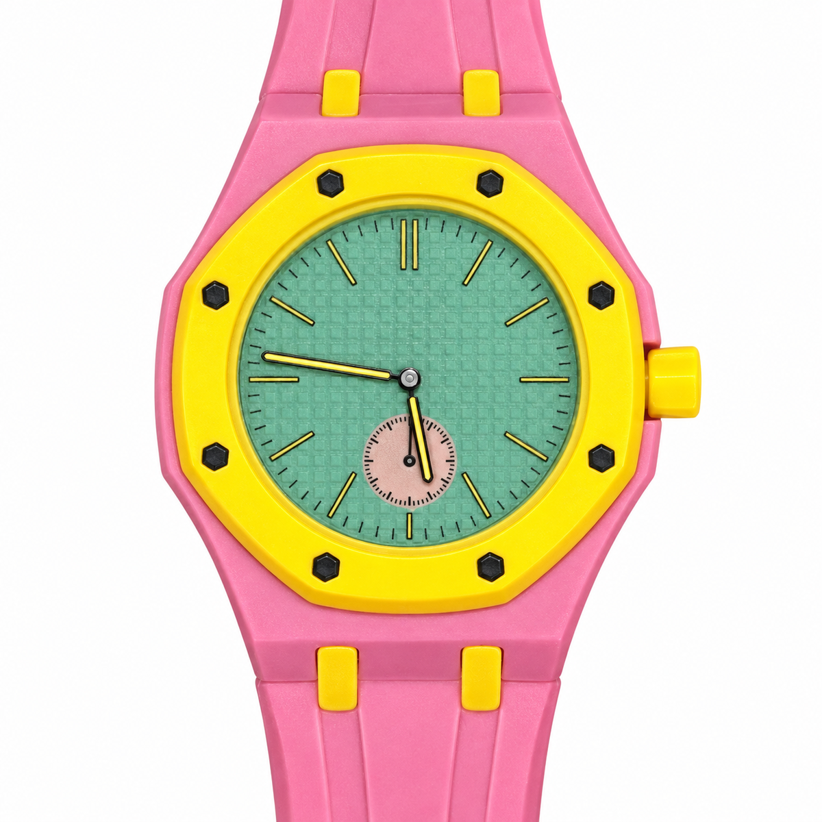 Vibe Carnival dial, hands, case and bezel accents in a front close-up on white