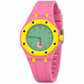 Vibe Carnival pink watch with yellow bezel and green dial, angled close-up on white