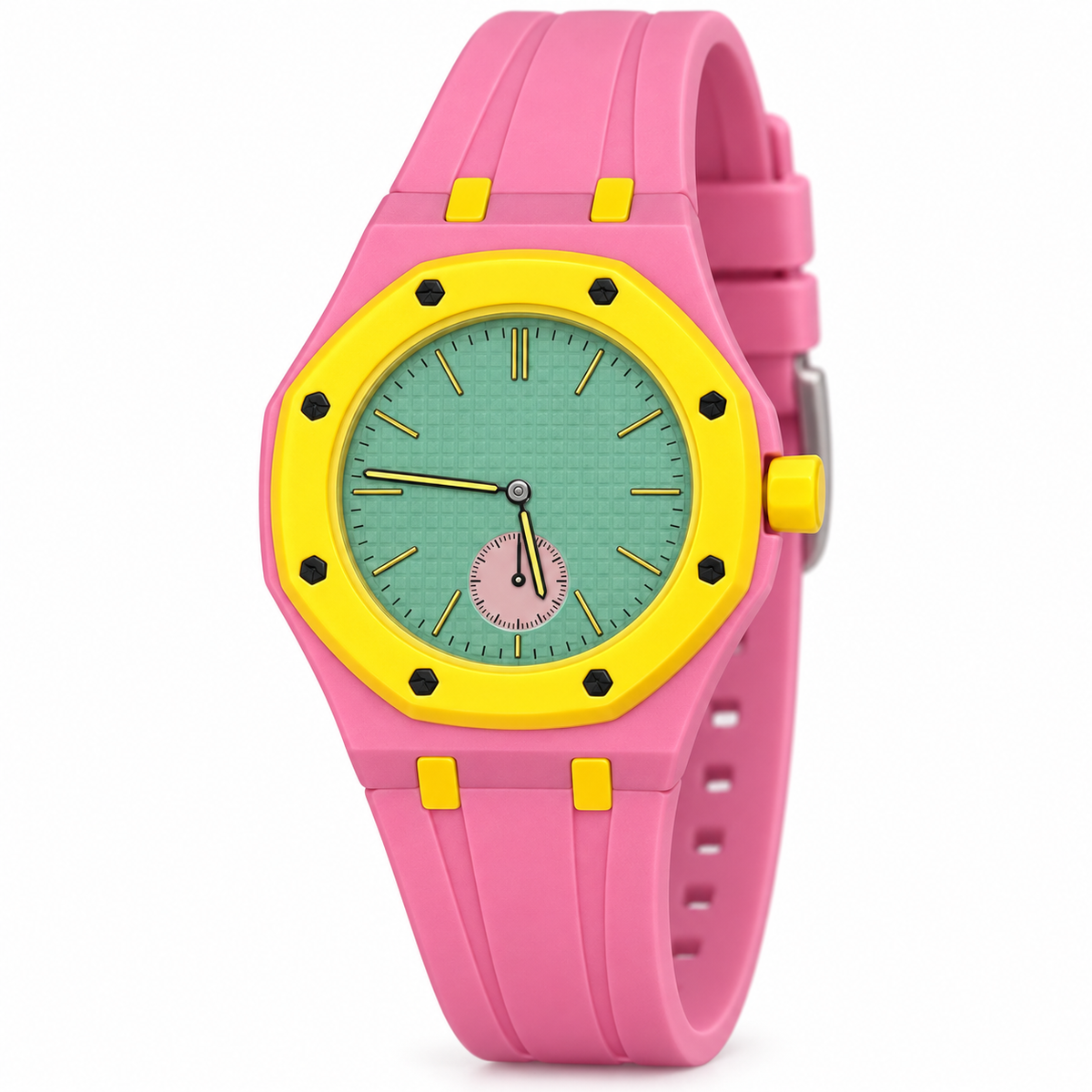 Vibe Carnival pink watch with yellow bezel and green dial, angled close-up on white