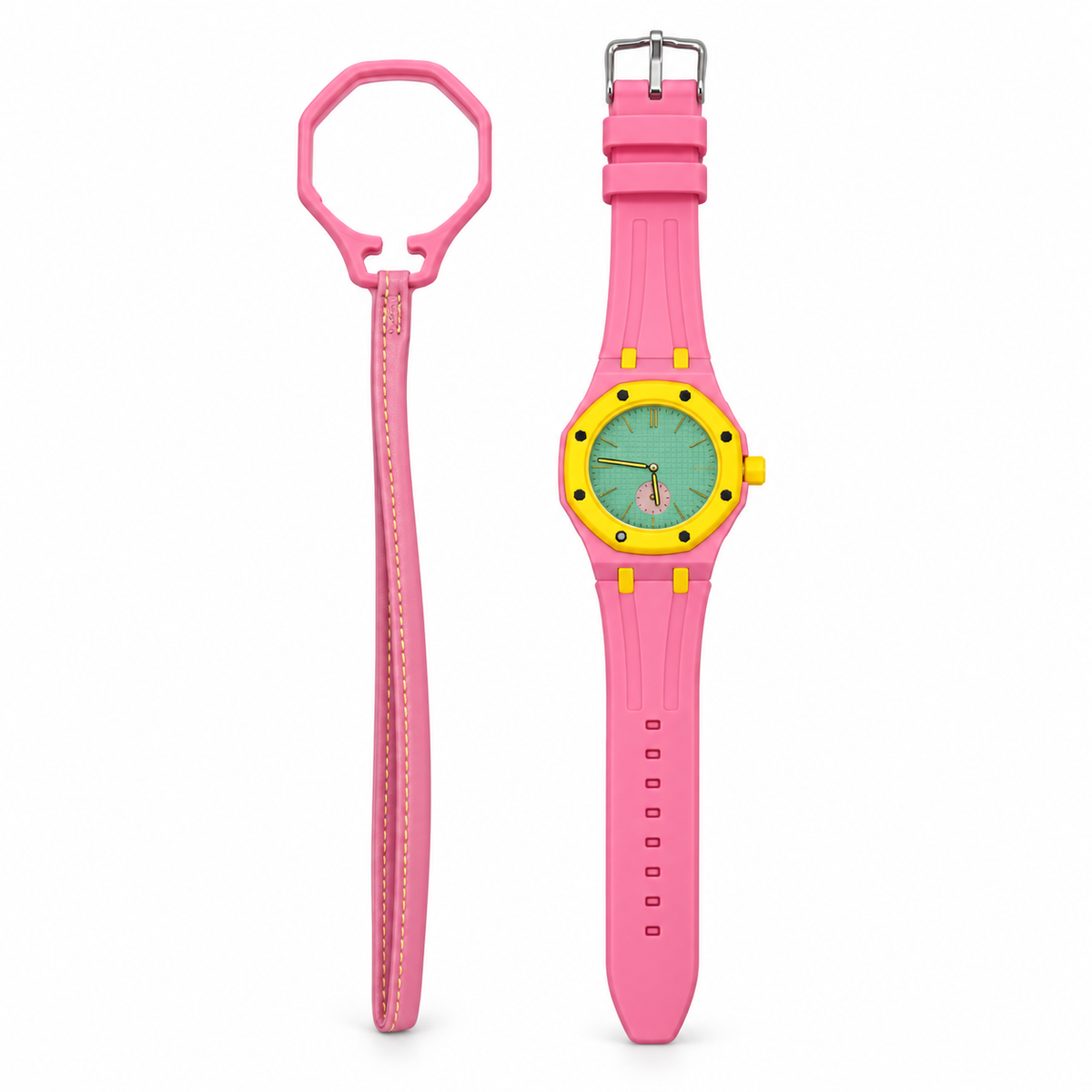 Vibe Carnival watch on fitted strap with its matching empty loop holder on white