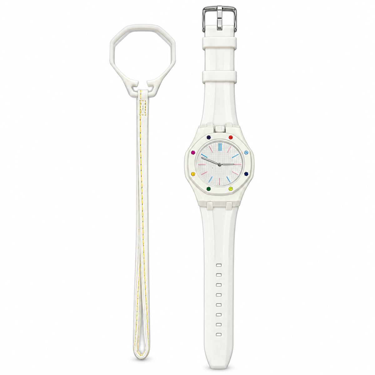 Vibe Cloud watch on fitted strap with its matching empty loop holder on white