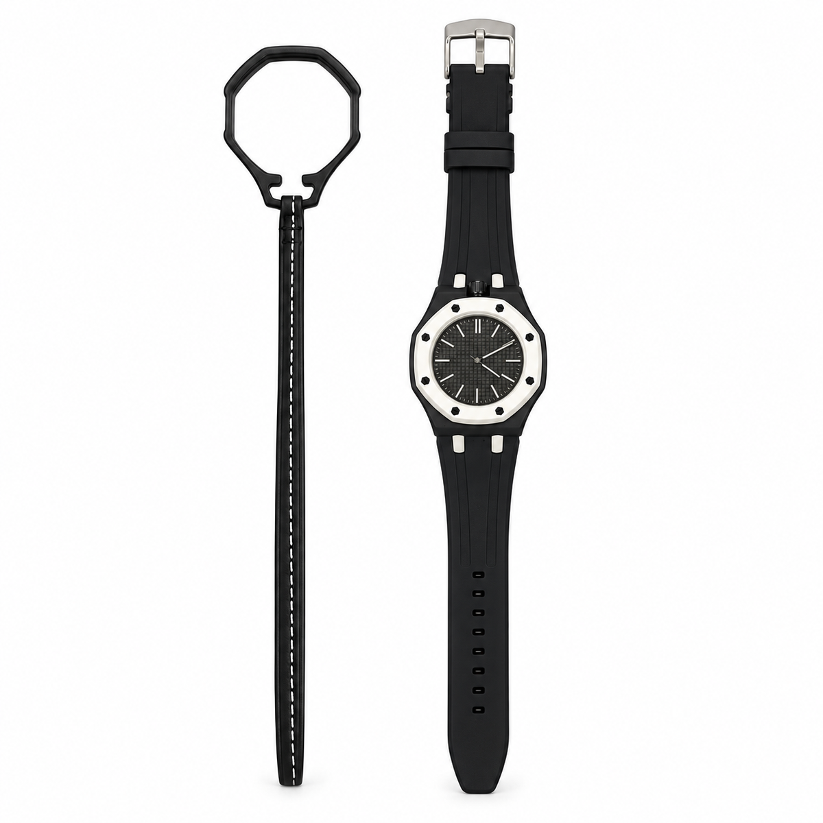 Vibe Domino watch on fitted strap with its matching empty loop holder on white