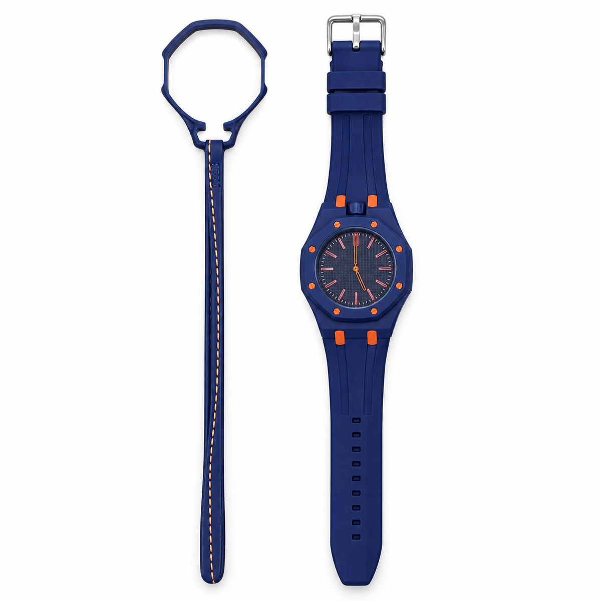 Vibe Dusk watch on fitted strap with its matching empty loop holder on white