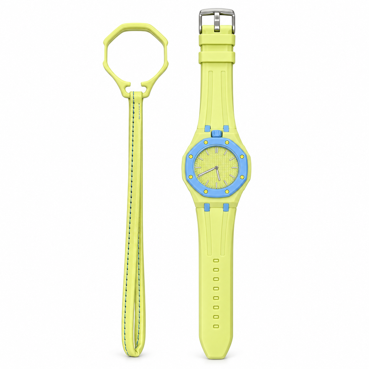 Vibe Lemon watch on fitted strap with its matching empty loop holder on white
