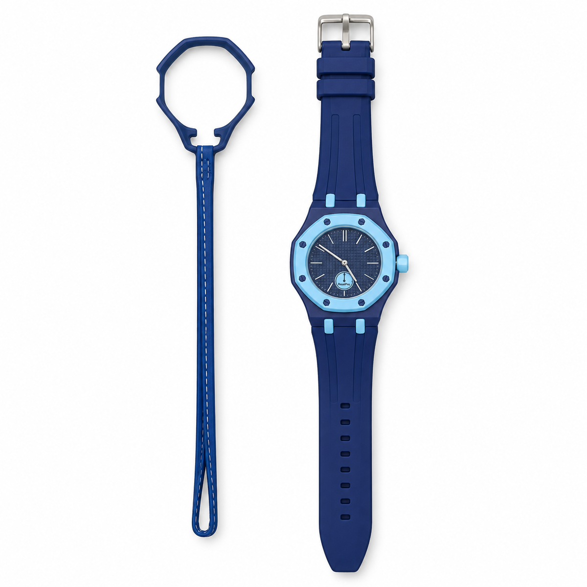 Vibe Tide watch on fitted strap with its matching empty loop holder on white