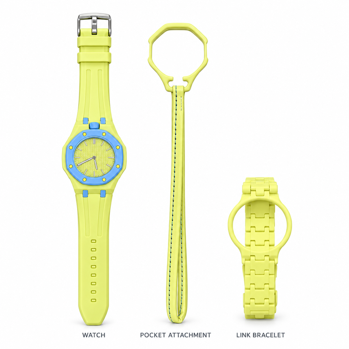 Vibe Lemon Plus set: one watch, pocket attachment and matching link bracelet, arranged upright on white without packaging or adjustment tool